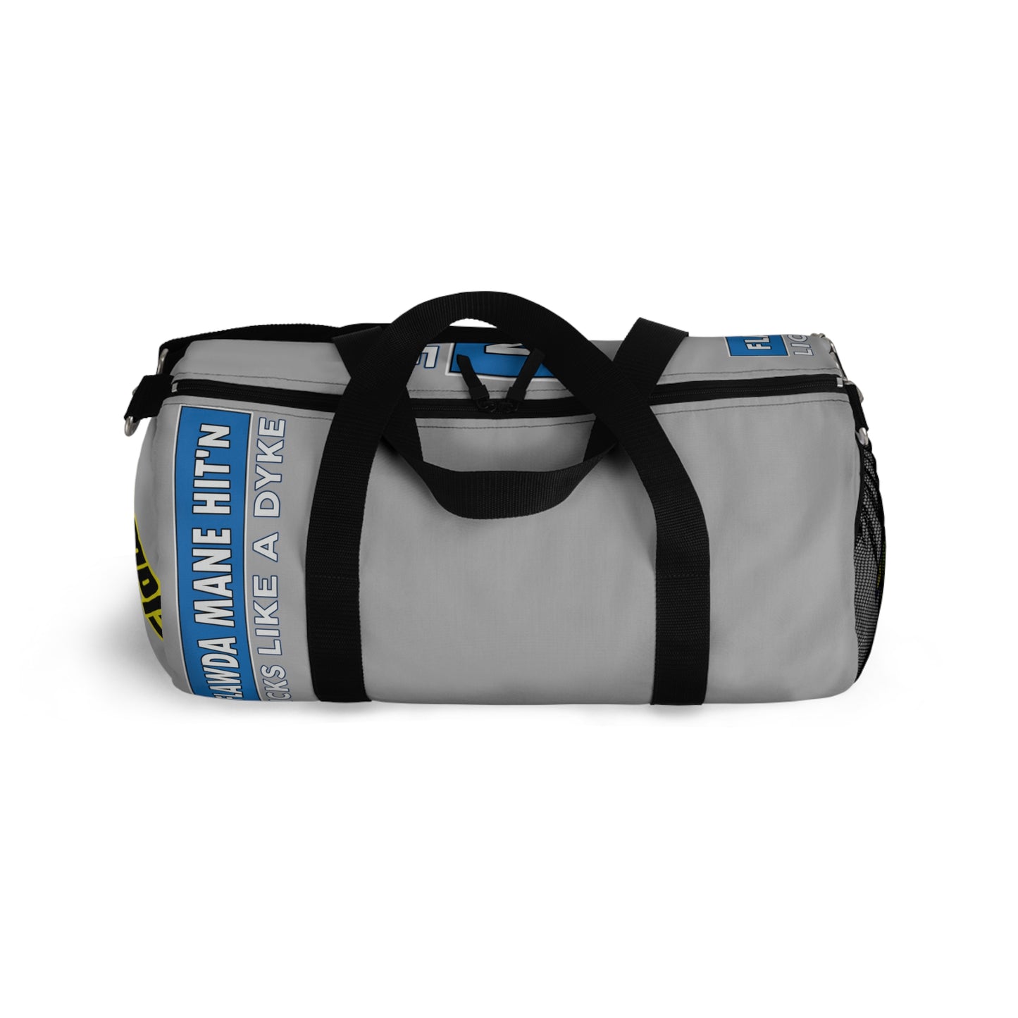 Light Grey Flawdawear Limited Edition OG Flawda Mane “Flawda Mane Hit’n Licks Like A Dyke” Duffle Playuz Bag