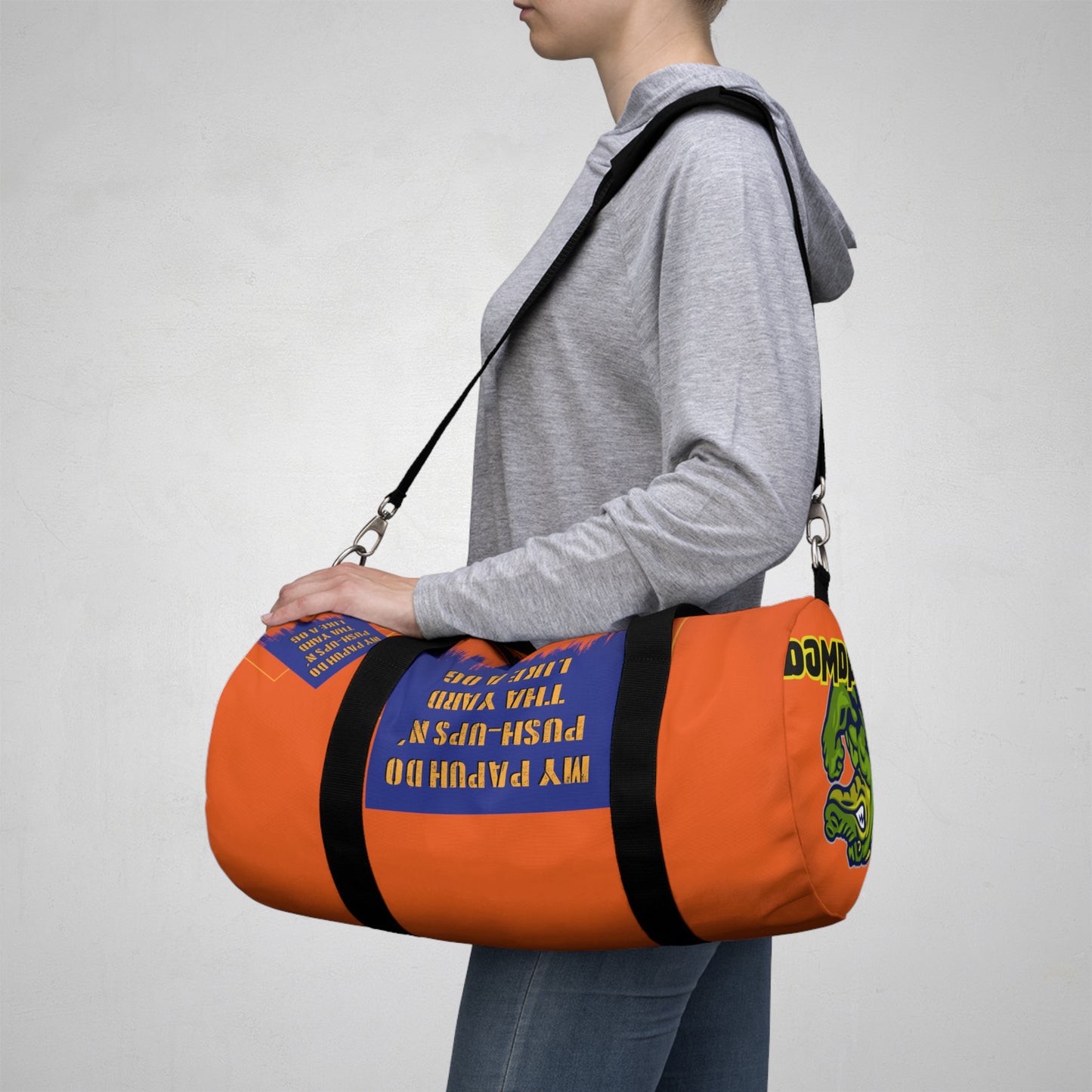 Orange Flawdawear Limited Edition OG Rich Daddy “My Papuh Do Push-Ups N’ Tha Yard Like A OG” Duffle Playuz Bag