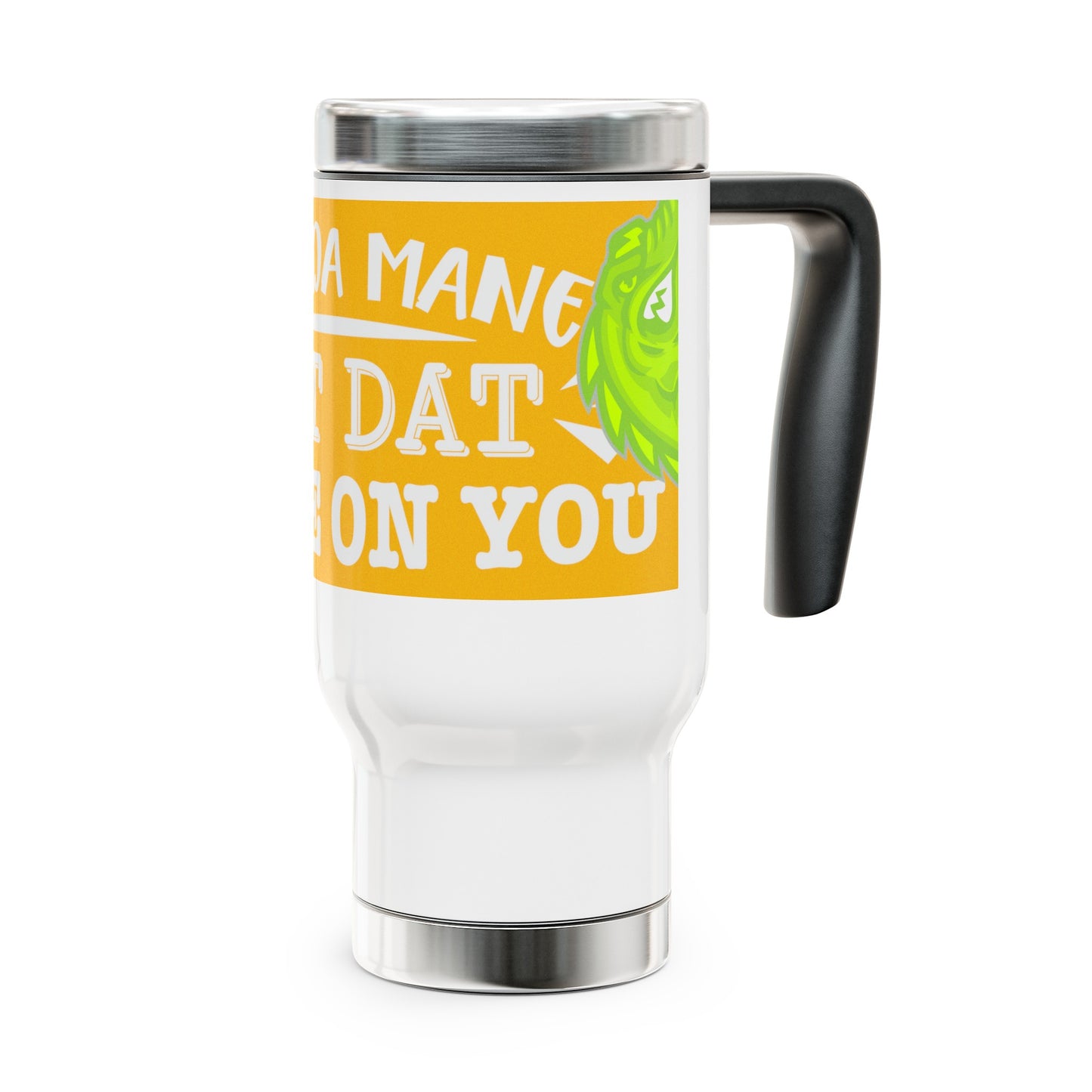 White/Yellow Flawdawear Limited Edition OG Alligator Playuz “Flawda Mane Put Dat Smoke On You” Stainless Steel Travel Mug with Handle, 14oz