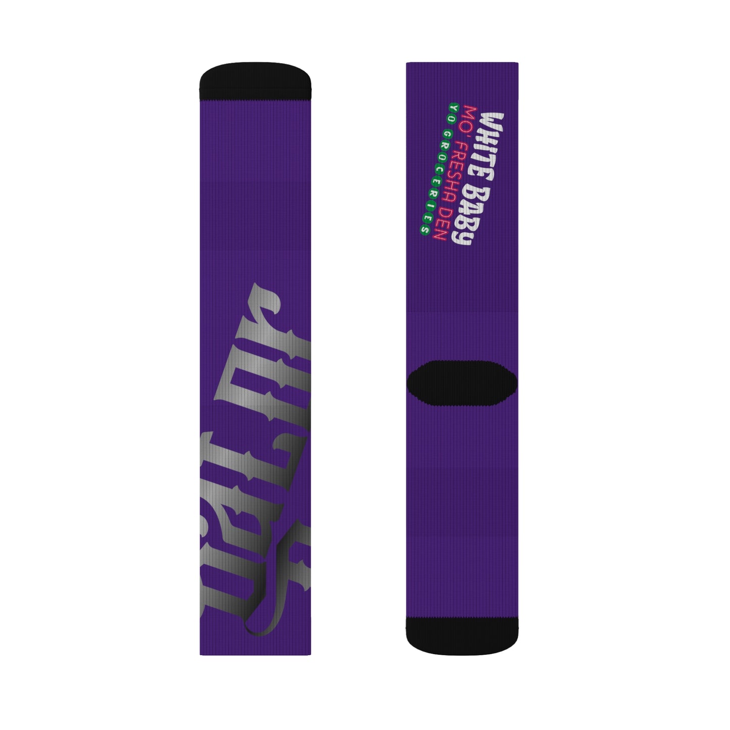 Purple Gator Drip Supa-Heavy Excess-Stunna Hypa-Flex Limited Edition OG Rich Daddy “White Baby Mo’ Fresha Den Yo Groceries” Medium Playuz Socks