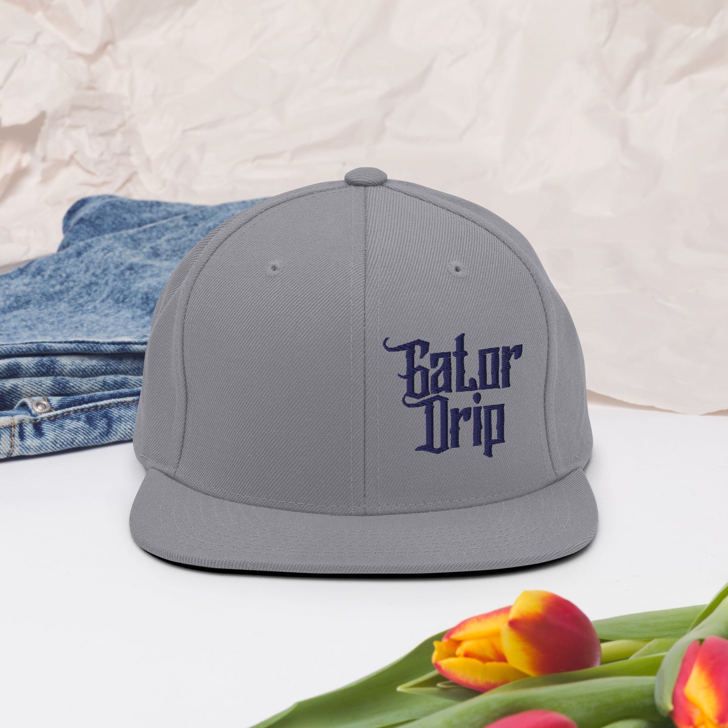 Silver Gator Drip x Yupoong 6089M Exclusive Supa-Heavy Excess-Stunna Hypa-Flex Alligator Playuz Limited Edition OG Navy Blue Logo Classic Snapback Playuz Hat