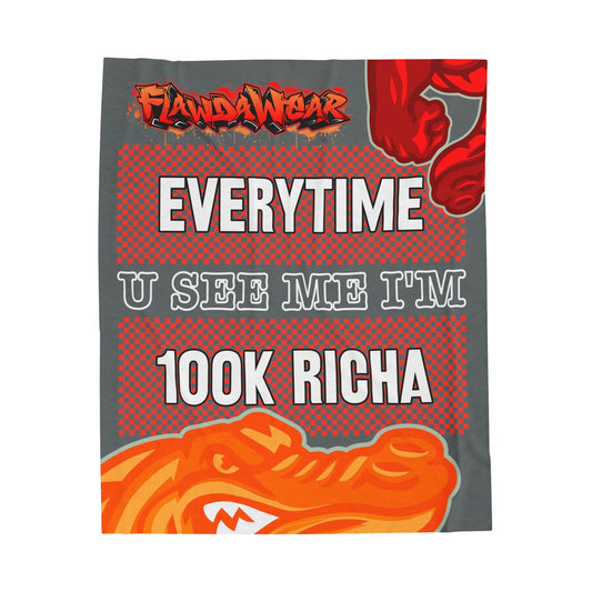 Dark Grey Flawdawear Limited Edition OG Rich Daddy “Everytime U See Me I’m 100k Richa” Velveteen Plush Playuz Blanket