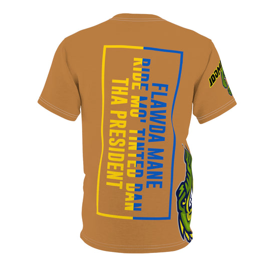 Light Brown Flawdawear Limited Edition OG Flawda Mane “Flawda Mane Ride Mo’ Tinted Dan Tha President” Unisex Cut & Sew Playuz Tee
