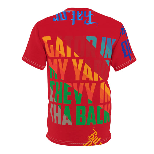 Dark Red Drip Exclusive Supa-Heavy Excess-Stunna Flex Alligator Playuz Limited Edition OG Multi-Logo Flawda Mane “Gator In My Yard Chevy In Tha Back" Unisex Cut & Sew Playuz Tee