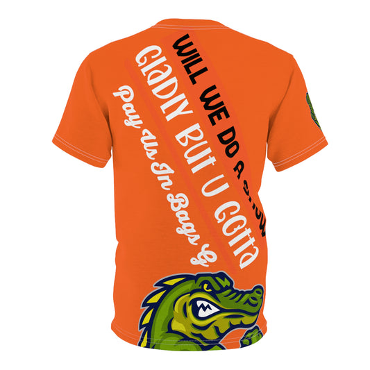 Orange Flawdawear Limited Edition OG Rich Daddy “Will We Do A Show Gladly But U Gotta Pay Us In Bags G” Unisex Cut & Sew Playuz Tee