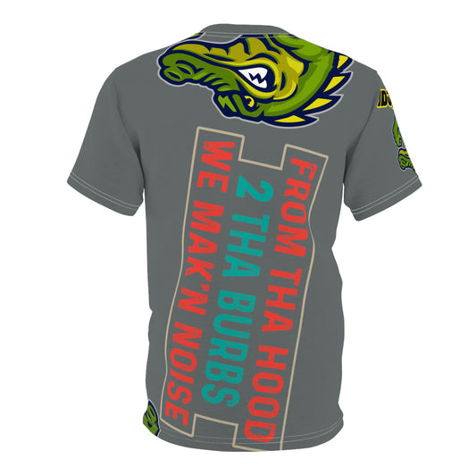 Dark Grey Flawdawear Limited Edition OG Flawda Mane “From Tha Hood 2 Tha Burbs We Mak’n Noise” Unisex Cut & Sew Playuz Tee