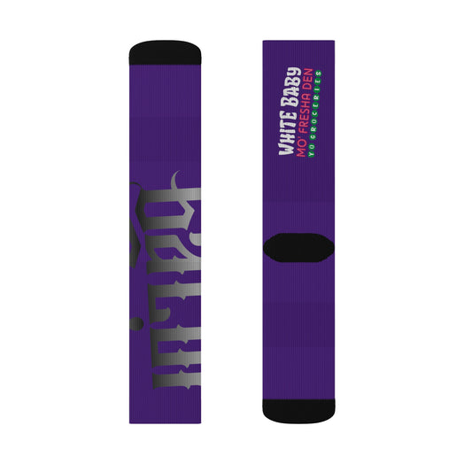 Purple Gator Drip Supa-Heavy Excess-Stunna Hypa-Flex Limited Edition OG Rich Daddy “White Baby Mo’ Fresha Den Yo Groceries” Medium Playuz Socks