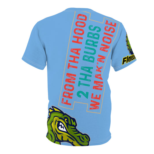 LIght Blue Flawdawear Limited Edition OG Flawda Mane “From Tha Hood 2 Tha Burbs We Mak’n Noise” Unisex Cut & Sew Playuz Tee