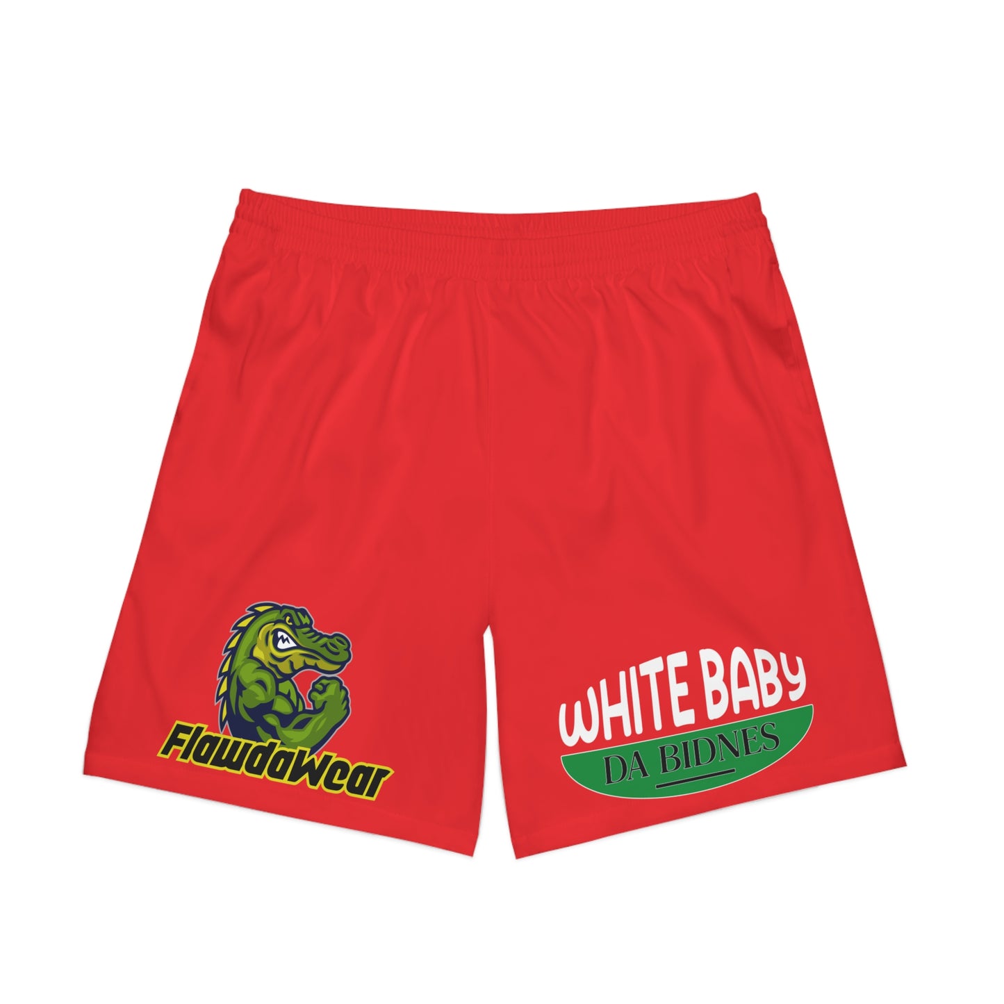 Red Flawdawear Limited Edition OG Rich Daddy "White Baby Da Bidnes" Men's Elastic Beach Playuz Shorts