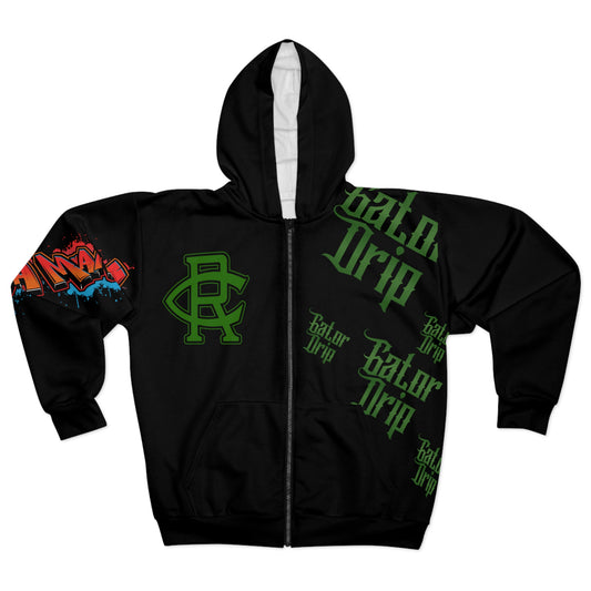 Black Gator Drip Exclusive Supa-Heavy Excess-Stunna Hypa-Flex Limited Edition OG Flawda Mane x Cakewood Records "All Black Collection” Unisex Zip Playuz Hoodie