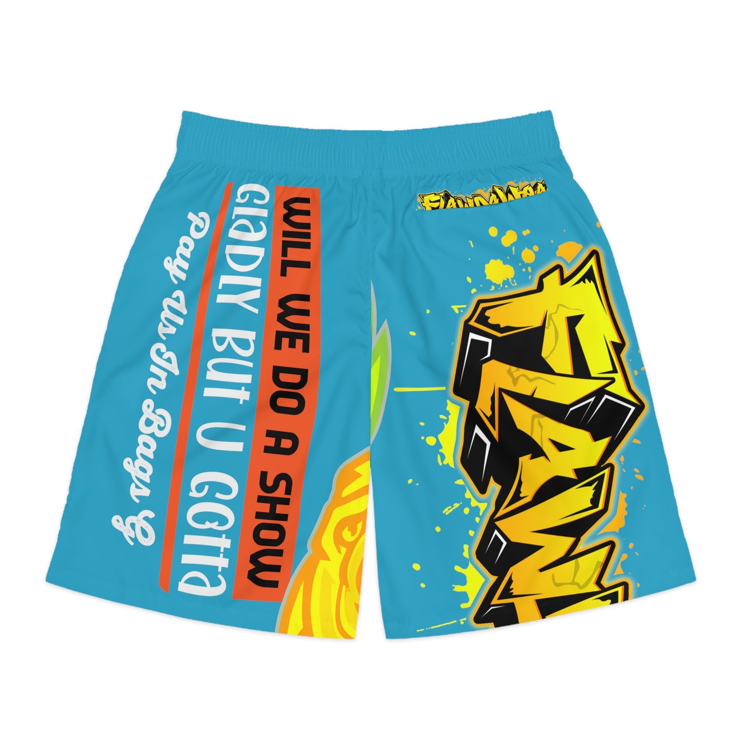 Turquoise Flawdawear Limited Edition OG Rich Daddy “Will We Do A Show Gladly But U Gotta Pay Us In Bags G” Men’s Jogguz Playuz Shorts