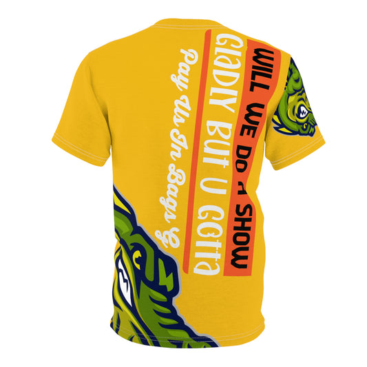 Yellow Flawdawear Limited Edition OG Rich Daddy “Will We Do A Show Gladly But U Gotta Pay Us In Bags G” Unisex Cut & Sew Playuz Tee