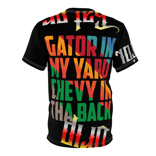 Black Grey Drip Exclusive Supa-Heavy Excess-Stunna Flex Alligator Playuz Limited Edition OG Multi-Logo Flawda Mane “Gator In My Yard Chevy In Tha Back" Unisex Cut & Sew Playuz Tee