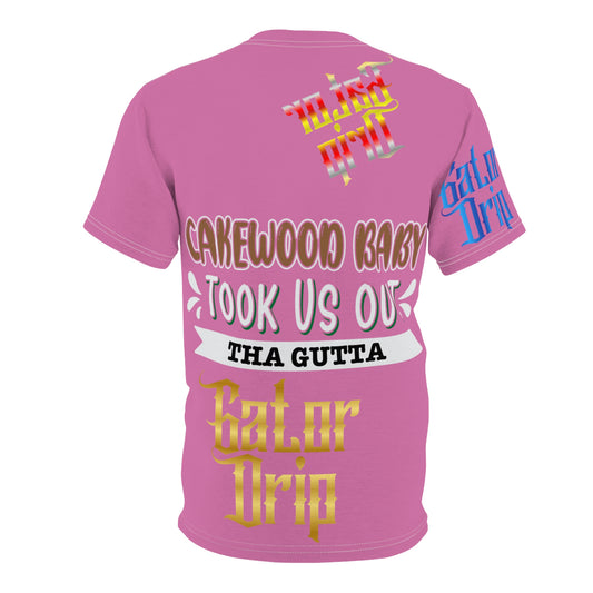Pink Gator Drip Exclusive Supa-Heavy Excess-Stunna Flex Alligator Playuz Limited Edition OG Multi-Logo Rich Daddy “Cakewood Baby Took Us Out Tha Gutta" Unisex Cut & Sew Playuz Tee