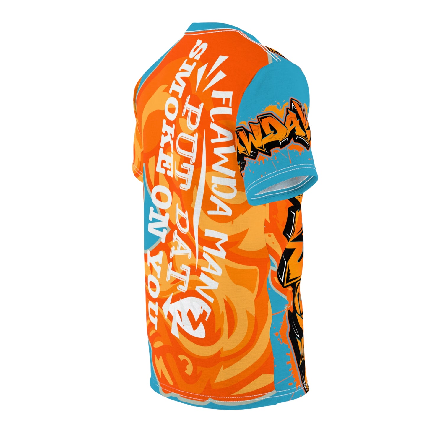 Turquoise/Orange Flawdawear Limited Edition OG Alligator Playuz “Flawda Mane Put Dat Smoke On You” Unisex Cut & Sew Playuz Tee