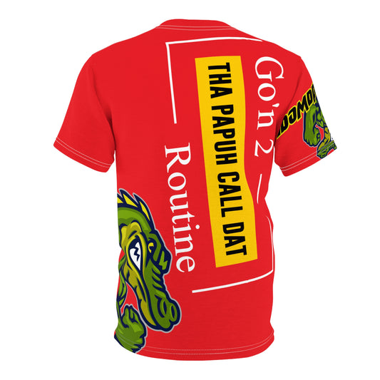 Red Flawdawear Limited Edition OG Rich Daddy “Go’n 2 Tha Papuh Call Dat Routine” Unisex Cut & Sew Playuz Tee