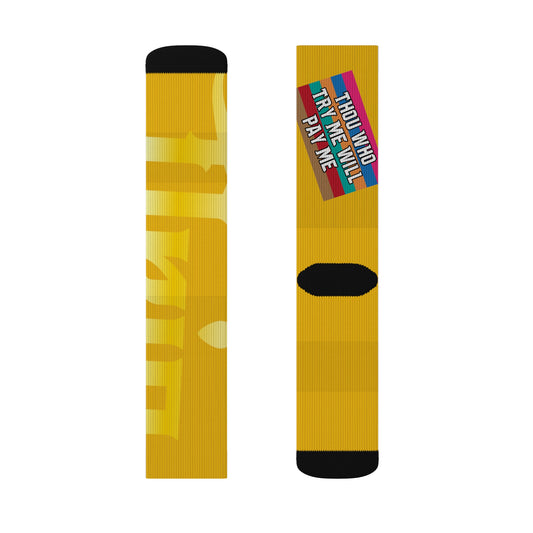 Yellow Gator Drip Supa-Heavy Excess-Stunna Hypa-Flex Limited Edition OG Rich Daddy “Thou Who Try Me Will Pay Me” Medium Playuz Socks