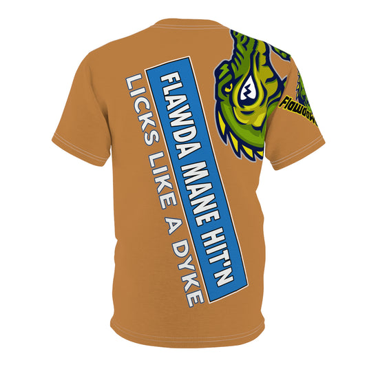 Light Brown Flawdawear Limited Edition OG Flawda Mane “Flawda Mane Hit’n Licks Like A Dyke” Unisex Cut & Sew Playuz Tee