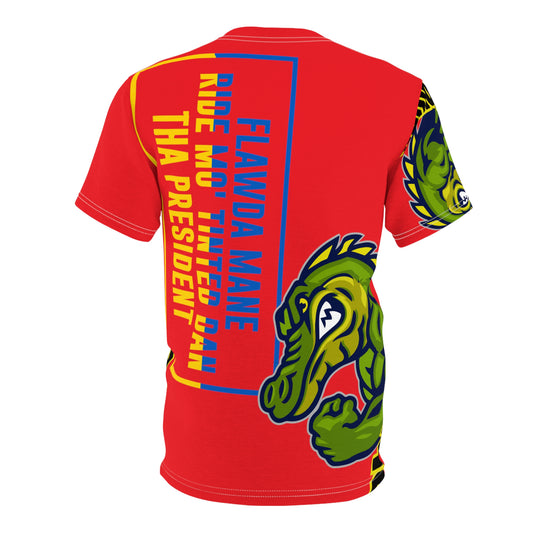 Red Flawdawear Limited Edition OG Flawda Mane “Flawda Mane Ride Mo’ Tinted Dan Tha President” Unisex Cut & Sew Playuz Tee