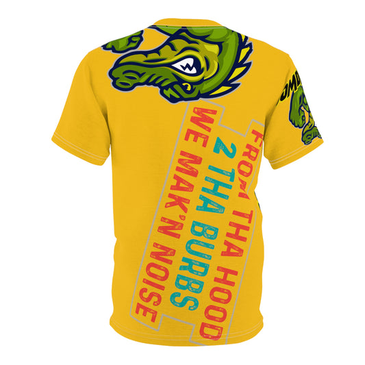 Yellow Flawdawear Limited Edition OG Flawda Mane “From Tha Hood 2 Tha Burbs We Mak’n Noise” Unisex Cut & Sew Playuz Tee