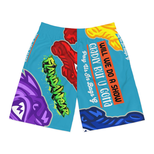 Turquoise Flawdawear Limited Edition OG Rich Daddy “Will We Do A Show Gladly But U Gotta Pay Us In Bags G” Men’s Jogguz Playuz Shorts