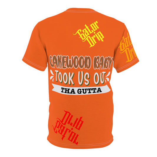 Orange Gator Drip Exclusive Supa-Heavy Excess-Stunna Flex Alligator Playuz Limited Edition OG Multi-Logo Rich Daddy “Cakewood Baby Took Us Out Tha Gutta" Unisex Cut & Sew Playuz Tee