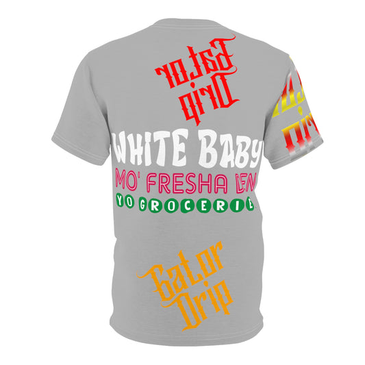 Light Grey Gator Drip Exclusive Supa-Heavy Excess-Stunna Flex Alligator Playuz Limited Edition OG Multi-Logo Rich Daddy “White Baby Mo’ Fresha Den Yo Groceries" Unisex Cut & Sew Playuz Tee