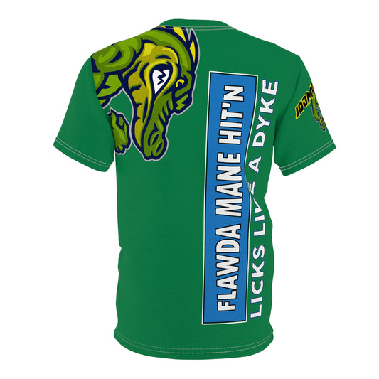 Dark Green Flawdawear Limited Edition OG Flawda Mane “Flawda Mane Hit’n Licks Like A Dyke” Unisex Cut & Sew Playuz Tee