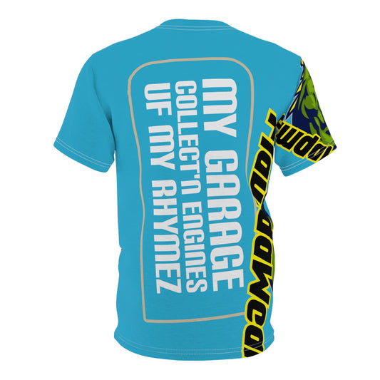 Turquoise Flawdawear Limited Edition OG Alligator Papuh Playuz “My Garage Collect’n Engines Uf My Rhymez” Unisex Cut & Sew Playuz Tee