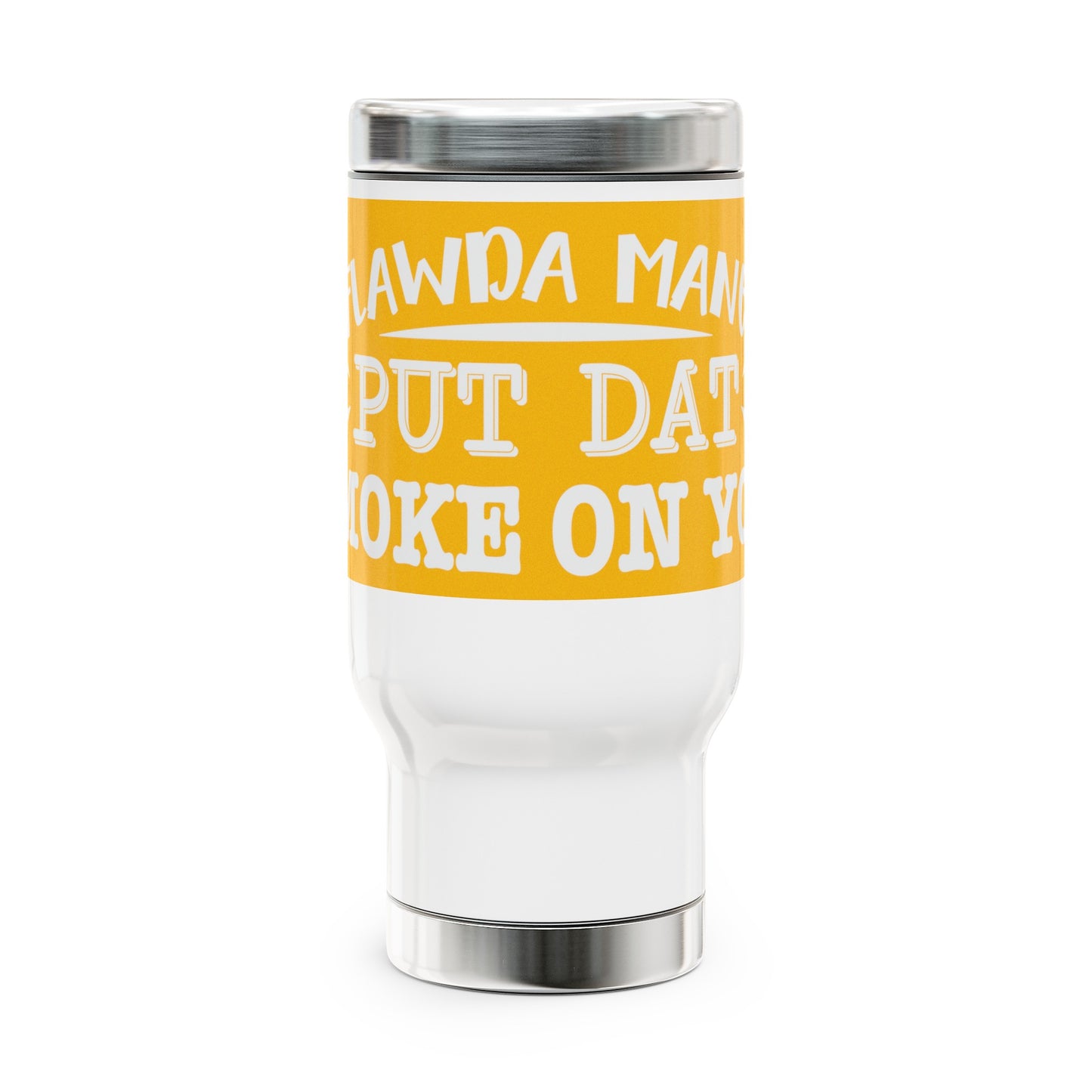 White/Yellow Flawdawear Limited Edition OG Alligator Playuz “Flawda Mane Put Dat Smoke On You” Stainless Steel Travel Mug with Handle, 14oz