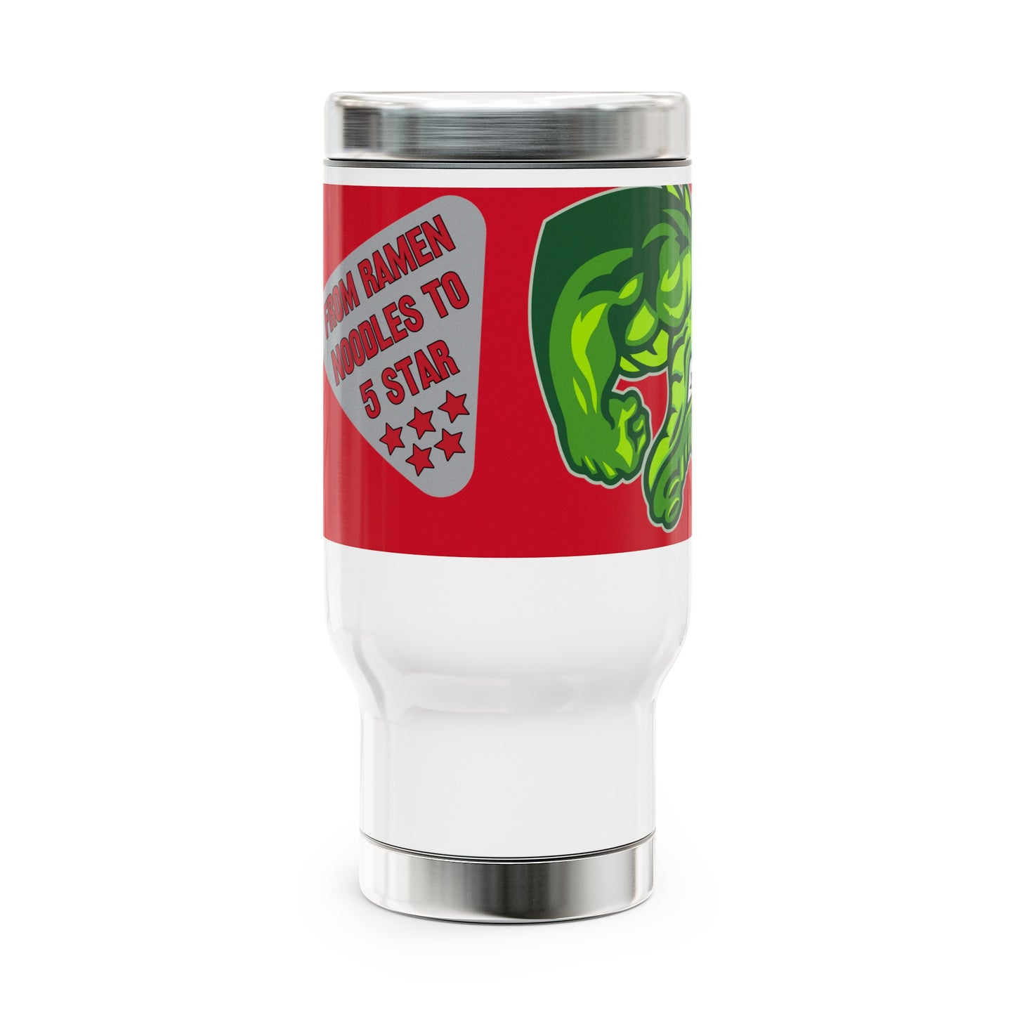 White/Red Flawdawear Limited Edition OG Flawda Mane “From Ramen Noodles To 5 Star” Stainless Steel Travel Playuz Mug with Handle, 14oz