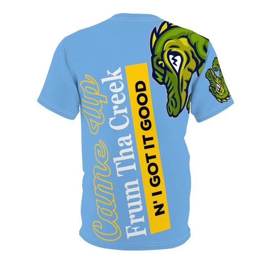 Light Blue Flawdawear Limited Edition OG Flawda Mane “Came Up Frum Tha Creek N’ I Got It Good” Unisex Cut & Sew Playuz Tee