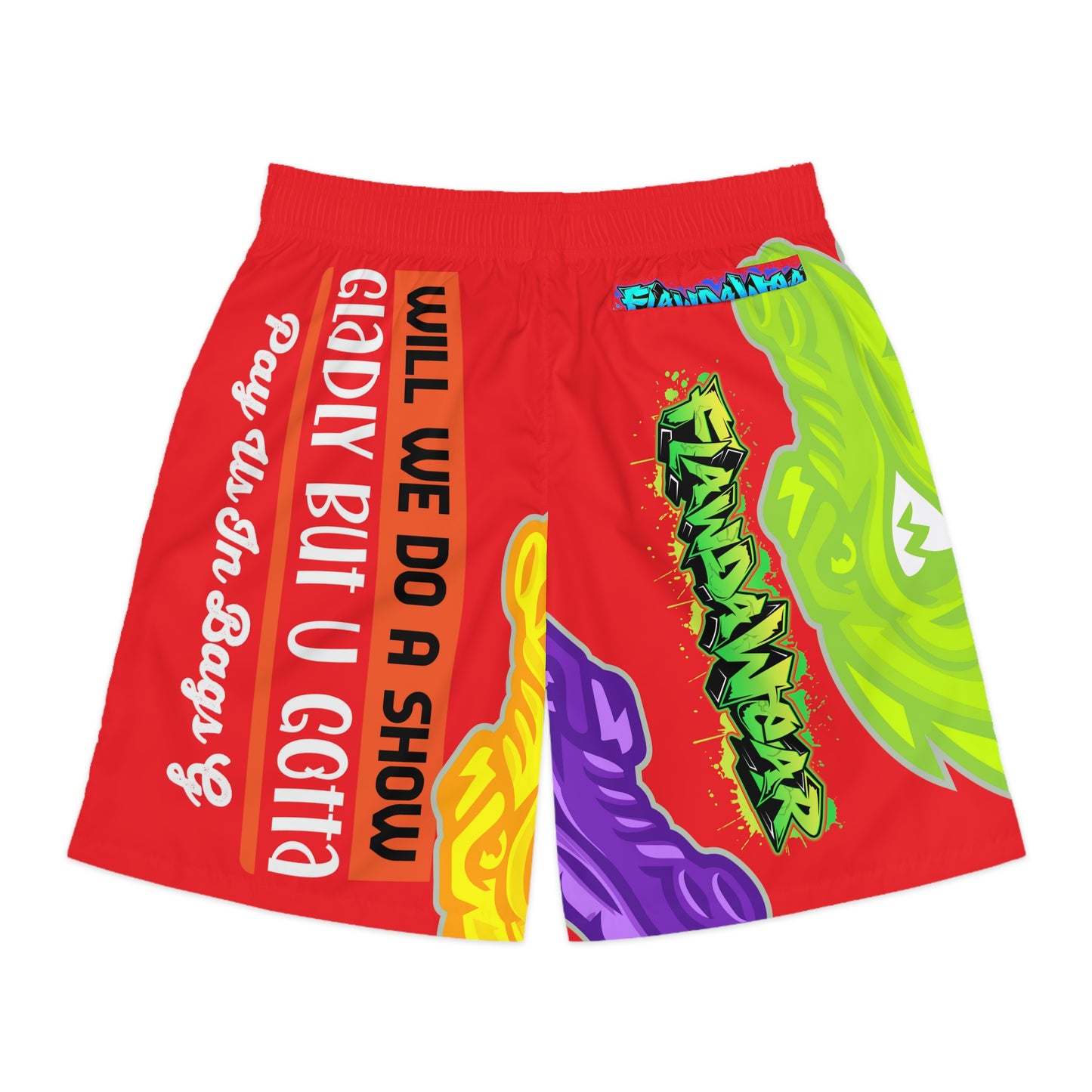 Red Flawdawear Limited Edition OG Rich Daddy “Will We Do A Show Gladly But U Gotta Pay Us In Bags G” Men’s Jogguz Playuz Shorts