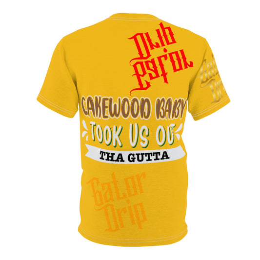 Yellow Gator Drip Exclusive Supa-Heavy Excess-Stunna Flex Alligator Playuz Limited Edition OG Multi-Logo Rich Daddy “Cakewood Baby Took Us Out Tha Gutta" Unisex Cut & Sew Playuz Tee