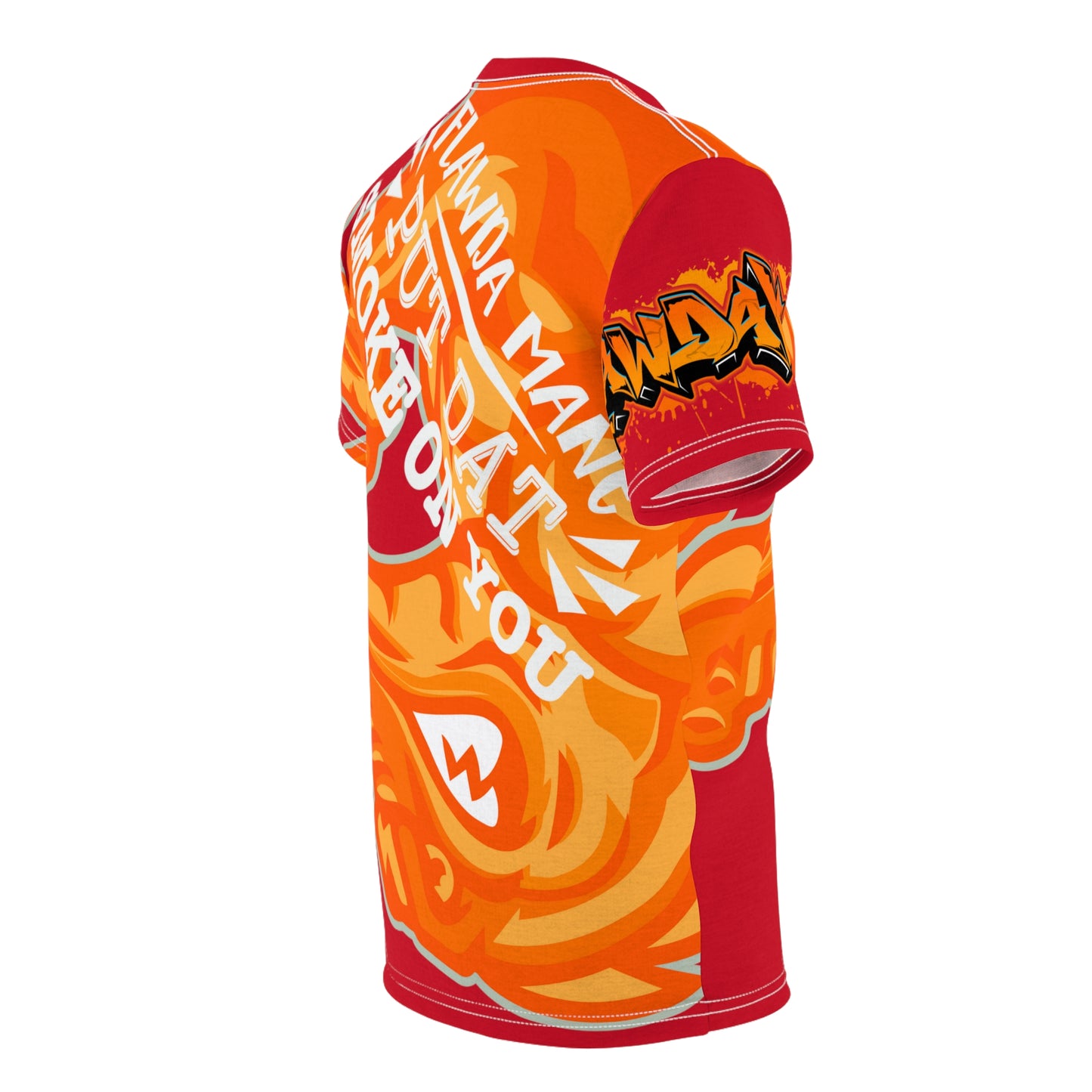 Red/Orange Flawdawear Limited Edition OG Alligator Playuz “Flawda Mane Put Dat Smoke On You” Unisex Cut & Sew Playuz Tee