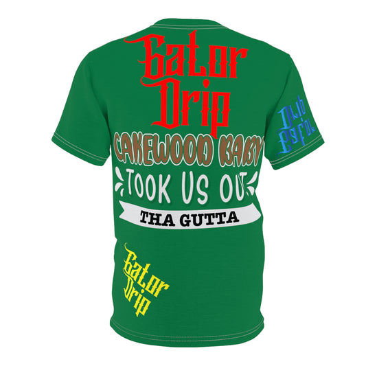Dark Green Gator Drip Exclusive Supa-Heavy Excess-Stunna Flex Alligator Playuz Limited Edition OG Multi-Logo Rich Daddy “Cakewood Baby Took Us Out Tha Gutta" Unisex Cut & Sew Playuz Tee