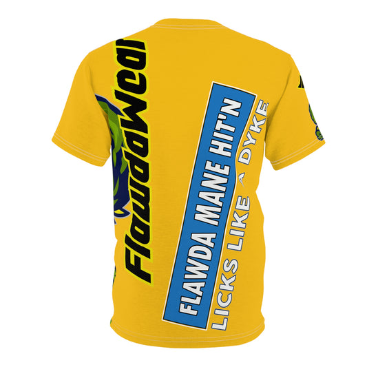 Yellow Flawdawear Limited Edition OG Flawda Mane “Flawda Mane Hit’n Licks Like A Dyke” Unisex Cut & Sew Playuz Tee