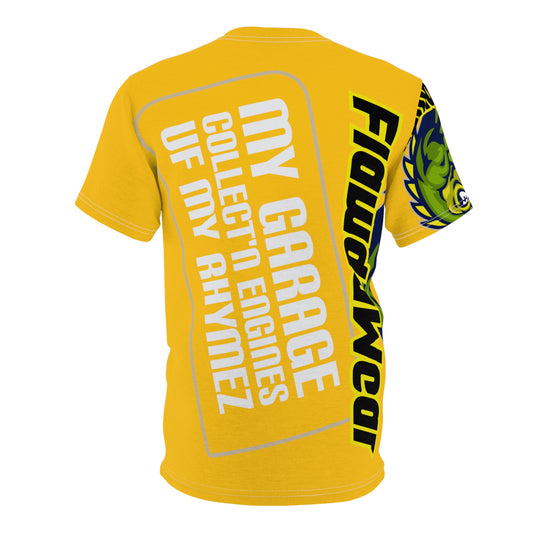 Yellow Flawdawear Limited Edition OG Alligator Papuh Playuz “My Garage Collect’n Engines Uf My Rhymez” Unisex Cut & Sew Playuz Tee