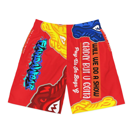 Red Flawdawear Limited Edition OG Rich Daddy “Will We Do A Show Gladly But U Gotta Pay Us In Bags G” Men’s Jogguz Playuz Shorts
