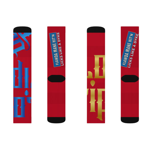 Red Gator Drip Supa-Heavy Excess-Stunna Hypa-Flex Limited Edition OG Flawda Mane “Flawda Mane Hit’n Licks Like A Dyke” Medium Playuz Socks