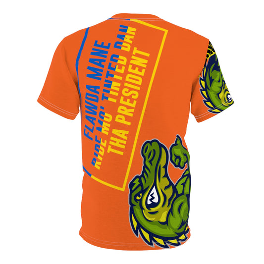 Orange Flawdawear Limited Edition OG Flawda Mane “Flawda Mane Ride Mo’ Tinted Dan Tha President” Unisex Cut & Sew Playuz Tee