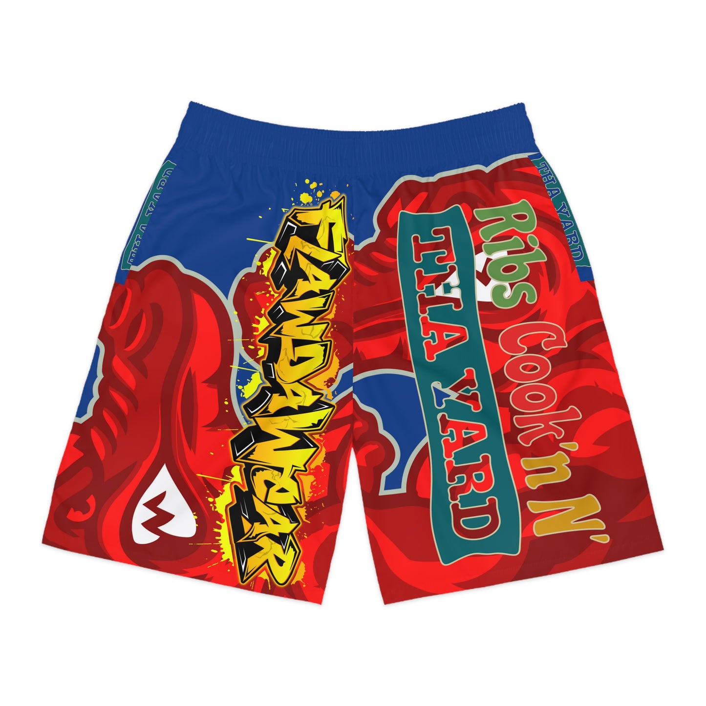 Blue/Red Flawdawear Limited Edition OG Flawda Mane “Ribs Cook’n N’ Men’s Jogguz Playuz Shorts