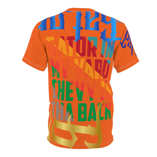 Orange Gator Drip Exclusive Supa-Heavy Excess-Stunna Flex Alligator Playuz Limited Edition OG Multi-Logo Flawda Mane “Gator In My Yard Chevy In Tha Back" Unisex Cut & Sew Playuz Tee