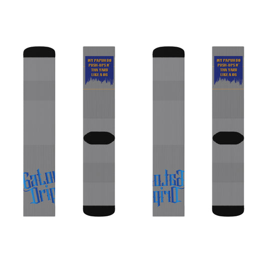 Grey Gator Drip Supa-Heavy Excess-Stunna Hypa-Flex Limited Edition OG Rich Daddy “My Papuh Do Push-Ups N’ Tha Yard Like A OG” Medium Playuz Socks