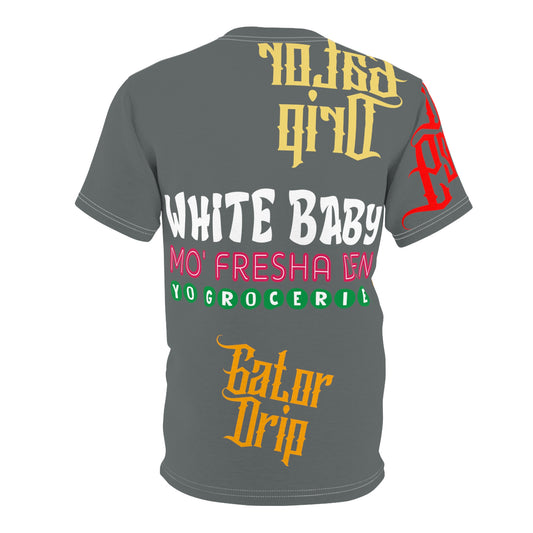 Dark Grey Gator Drip Exclusive Supa-Heavy Excess-Stunna Flex Alligator Playuz Limited Edition OG Multi-Logo Rich Daddy “White Baby Mo’ Fresha Den Yo Groceries" Unisex Cut & Sew Playuz Tee