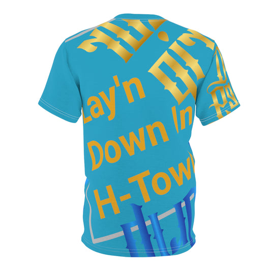 Turquoise Gator Drip Exclusive Supa-Heavy Excess-Stunna Flex Alligator Playuz Limited Edition OG Multi-Logo Flawda Mane “Lay’n Down In H-Town” Unisex Cut & Sew Playuz Tee