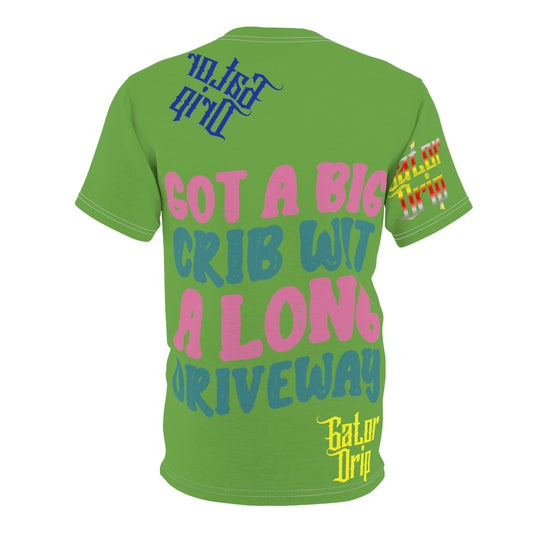 Green Gator Drip Exclusive Supa-Heavy Excess-Stunna Flex Alligator Playuz Limited Edition OG Multi-Logo Flawda Mane “Got A Big Crib Wit A Long Driveway" Unisex Cut & Sew Playuz Tee