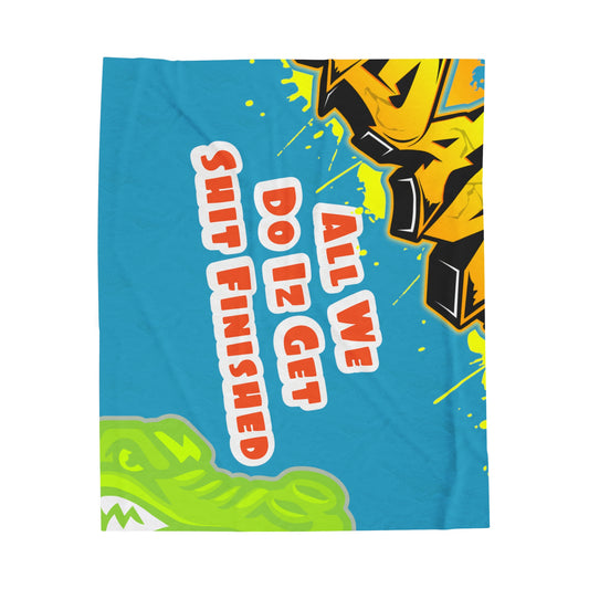Turquoise Flawdawear Limited Edition OG Alligator Playuz “All We Do Iz Get Shit Finished” Velveteen Plush Playuz Blanket