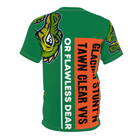 Dark Green Flawdawear Limited Edition OG Rich Daddy “Glacier Stunt’n Tawn Clear VVS Or Flawless Dear” Unisex Cut & Sew Playuz Tee