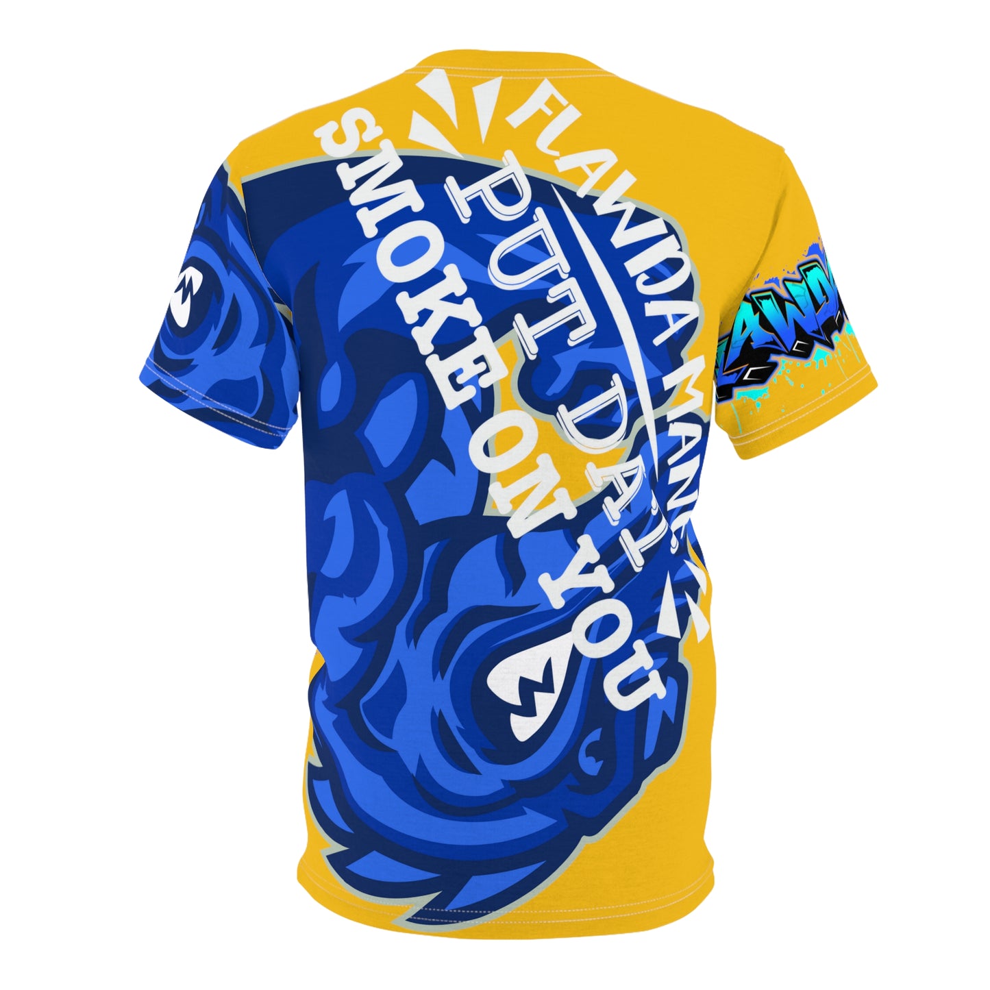 Yellow/Blue Flawdawear Limited Edition OG Alligator Playuz “Flawda Mane Put Dat Smoke On You” Unisex Cut & Sew Playuz Tee